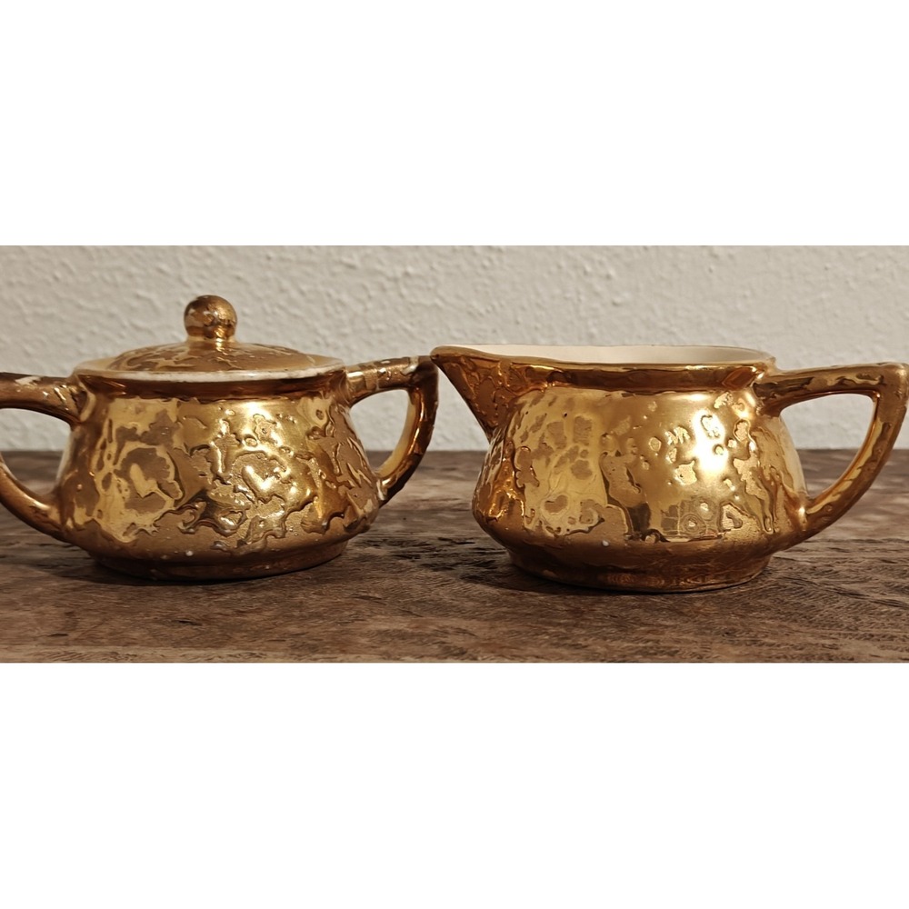 McCoy Pottery 24k Weeping Gold Sugar Bowl & Creamer Set, 1950's MCM